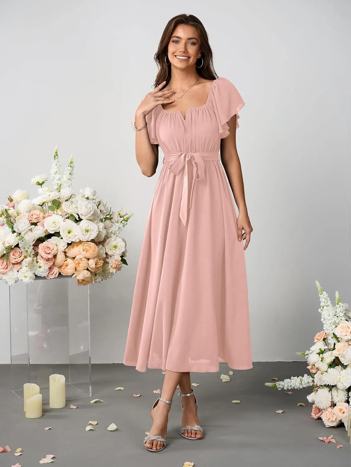 SCOMCHIC Women Summer Maxi Dress Flutter Short Sleeve Square Neck Belted Casual A Line Flowy Wedding Guest Long Dresses