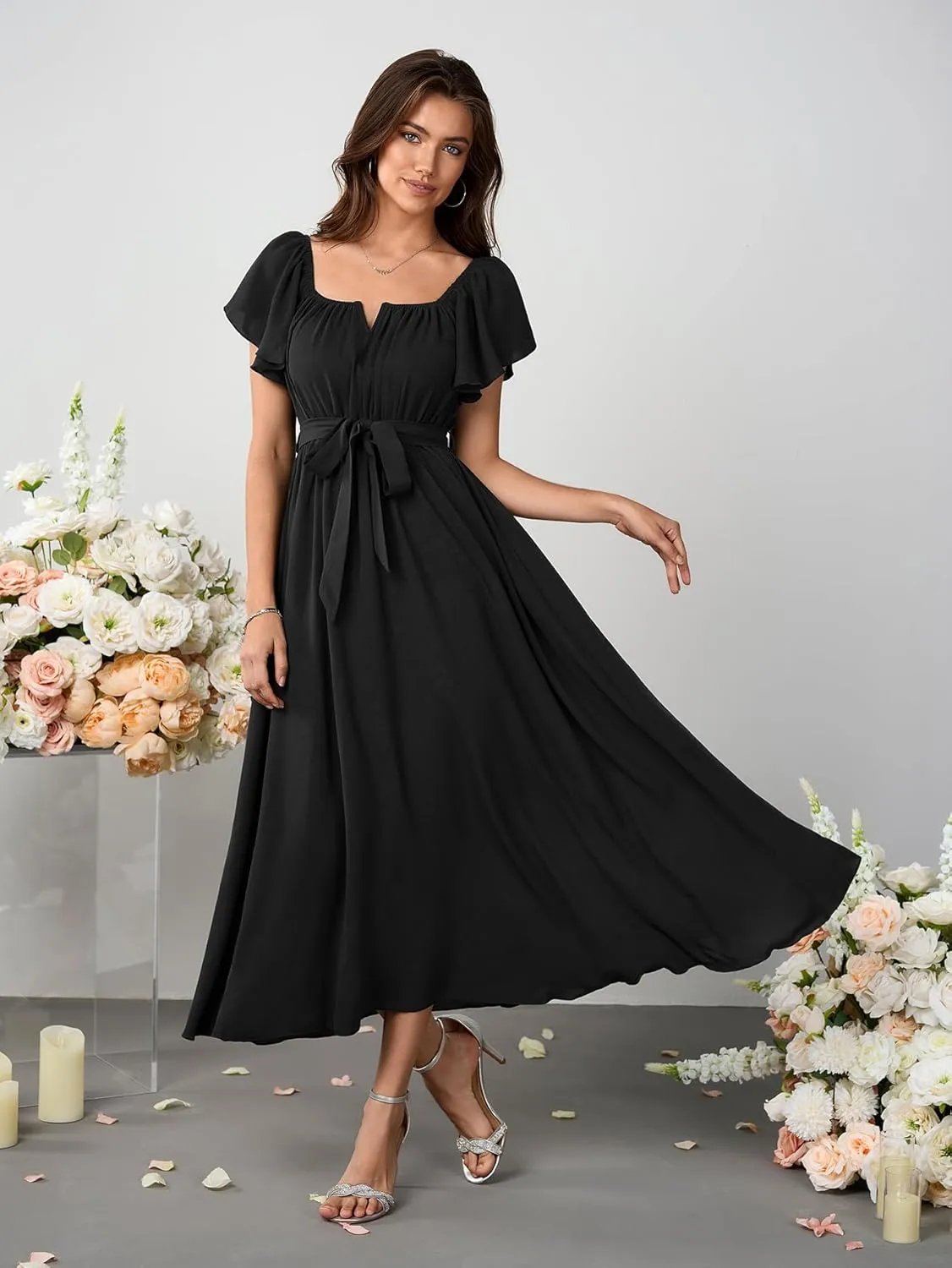 SCOMCHIC Women Summer Maxi Dress Flutter Short Sleeve Square Neck Belted Casual A Line Flowy Wedding Guest Long Dresses