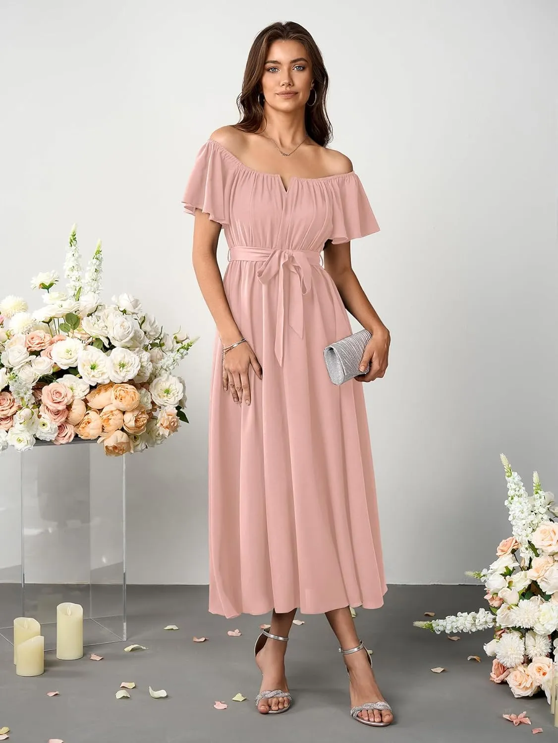 SCOMCHIC Women Summer Maxi Dress Flutter Short Sleeve Square Neck Belted Casual A Line Flowy Wedding Guest Long Dresses
