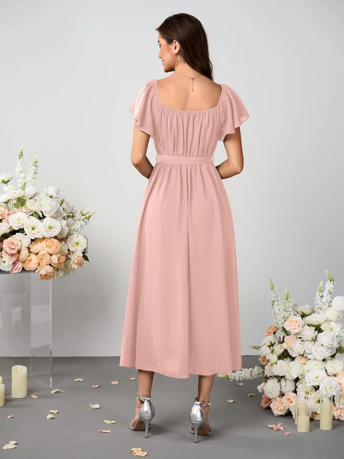 SCOMCHIC Women Summer Maxi Dress Flutter Short Sleeve Square Neck Belted Casual A Line Flowy Wedding Guest Long Dresses