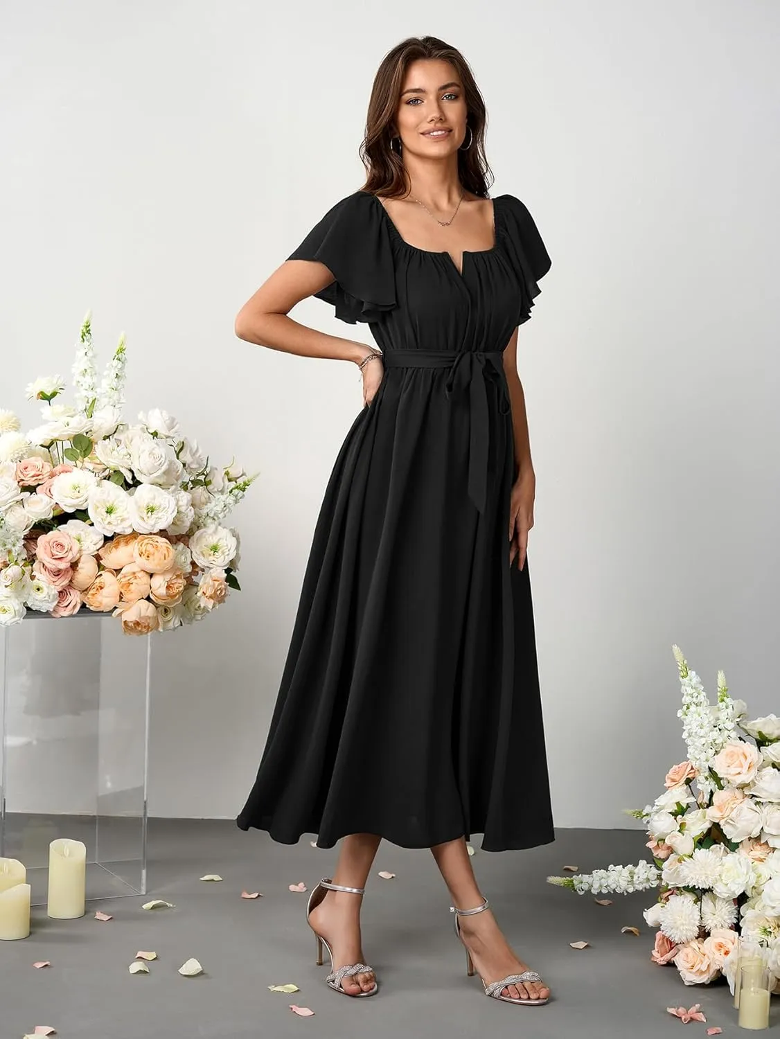 SCOMCHIC Women Summer Maxi Dress Flutter Short Sleeve Square Neck Belted Casual A Line Flowy Wedding Guest Long Dresses