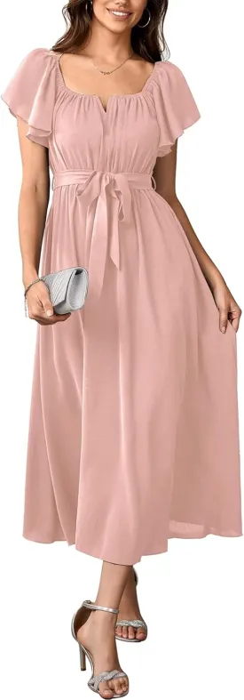 SCOMCHIC Women Summer Maxi Dress Flutter Short Sleeve Square Neck Belted Casual A Line Flowy Wedding Guest Long Dresses