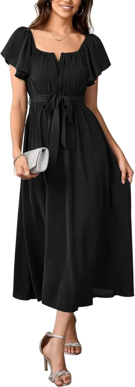 SCOMCHIC Women Summer Maxi Dress Flutter Short Sleeve Square Neck Belted Casual A Line Flowy Wedding Guest Long Dresses