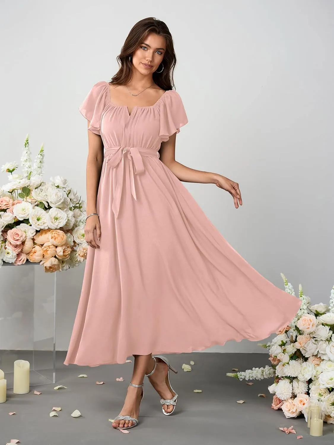 SCOMCHIC Women Summer Maxi Dress Flutter Short Sleeve Square Neck Belted Casual A Line Flowy Wedding Guest Long Dresses