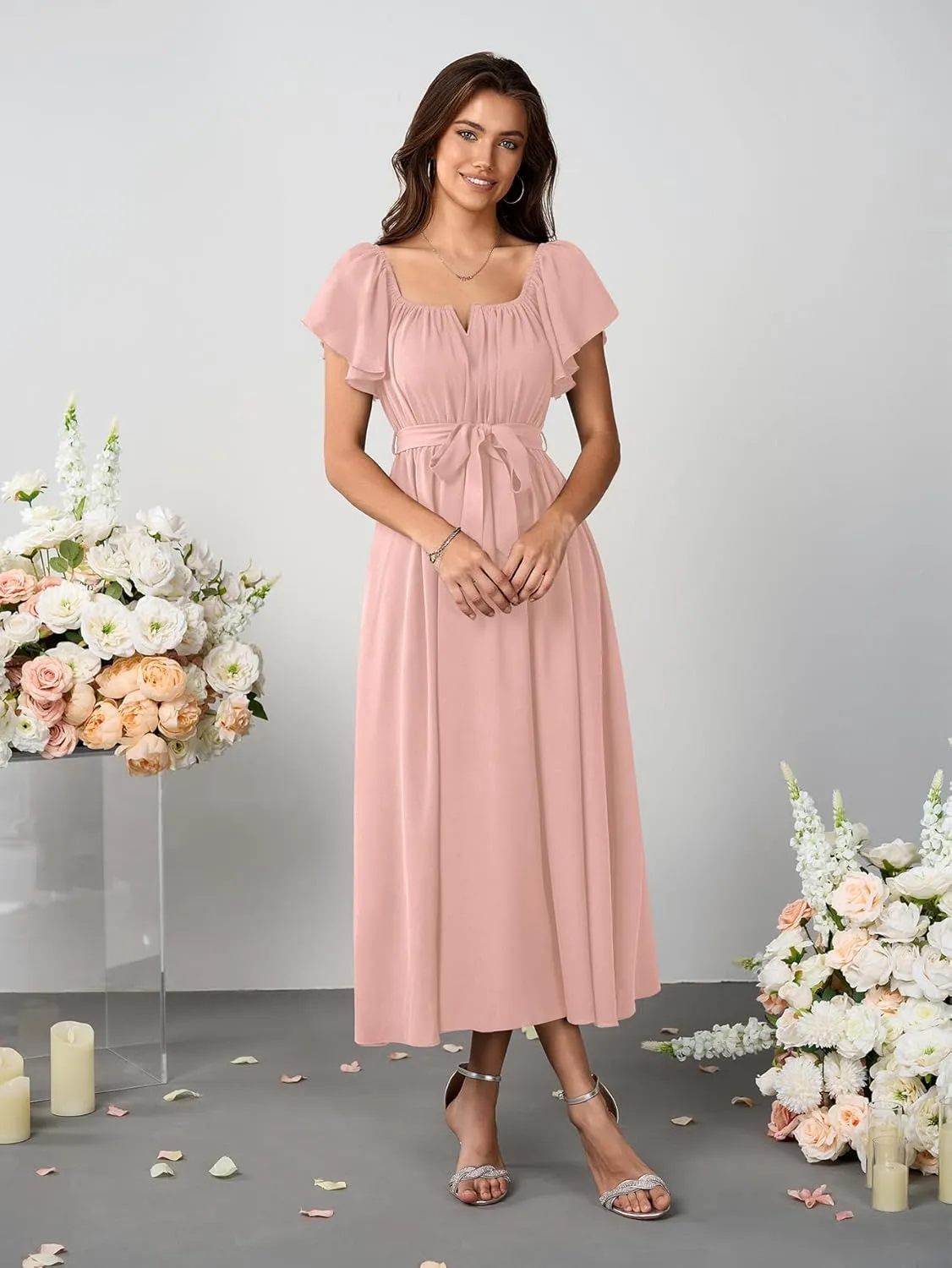 SCOMCHIC Women Summer Maxi Dress Flutter Short Sleeve Square Neck Belted Casual A Line Flowy Wedding Guest Long Dresses