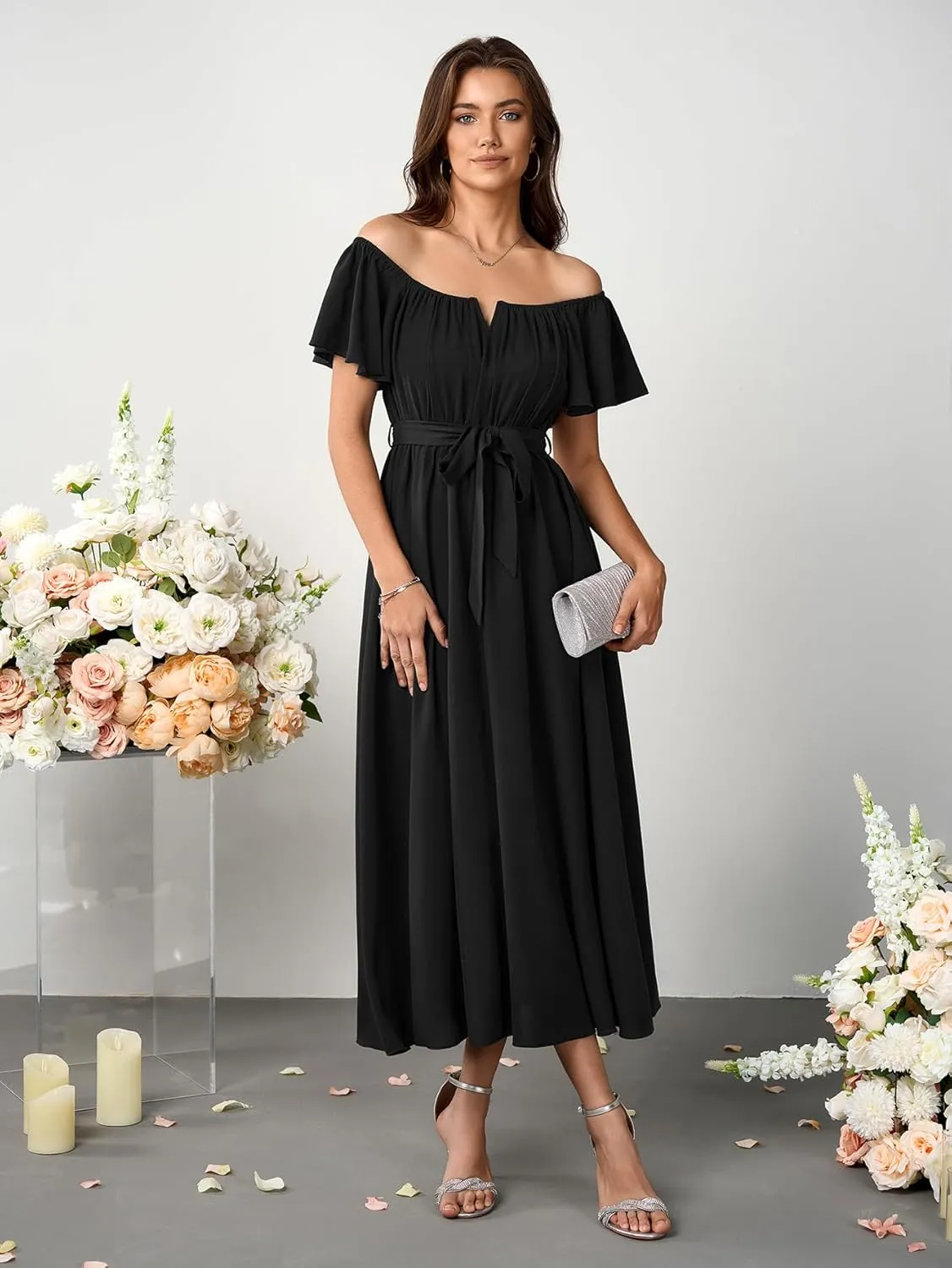 SCOMCHIC Women Summer Maxi Dress Flutter Short Sleeve Square Neck Belted Casual A Line Flowy Wedding Guest Long Dresses