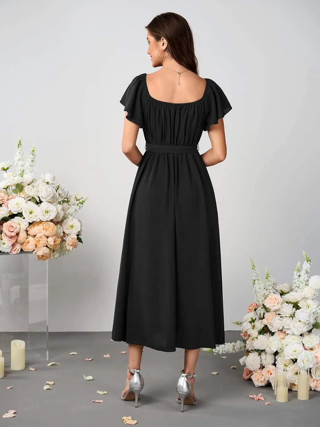 SCOMCHIC Women Summer Maxi Dress Flutter Short Sleeve Square Neck Belted Casual A Line Flowy Wedding Guest Long Dresses