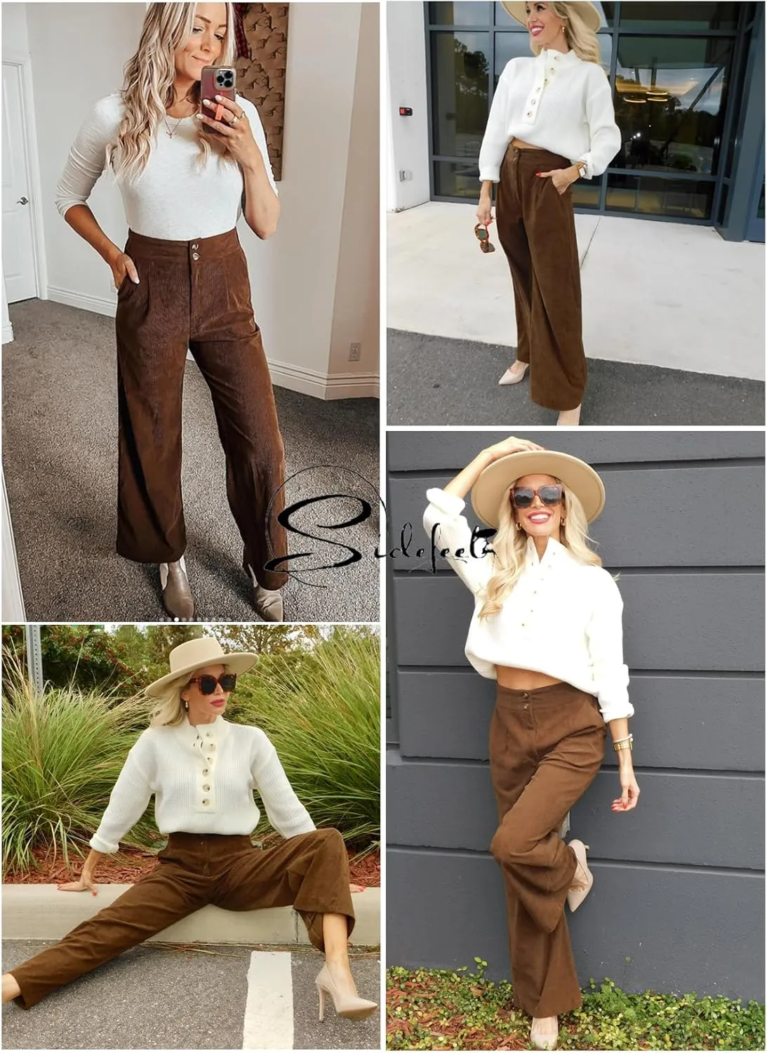 Sidefeel Corduroy Pants for Women 2025 Casual High Waisted Double Buttoned Stretchy Loose Fit Wide Leg Pants with Pockets