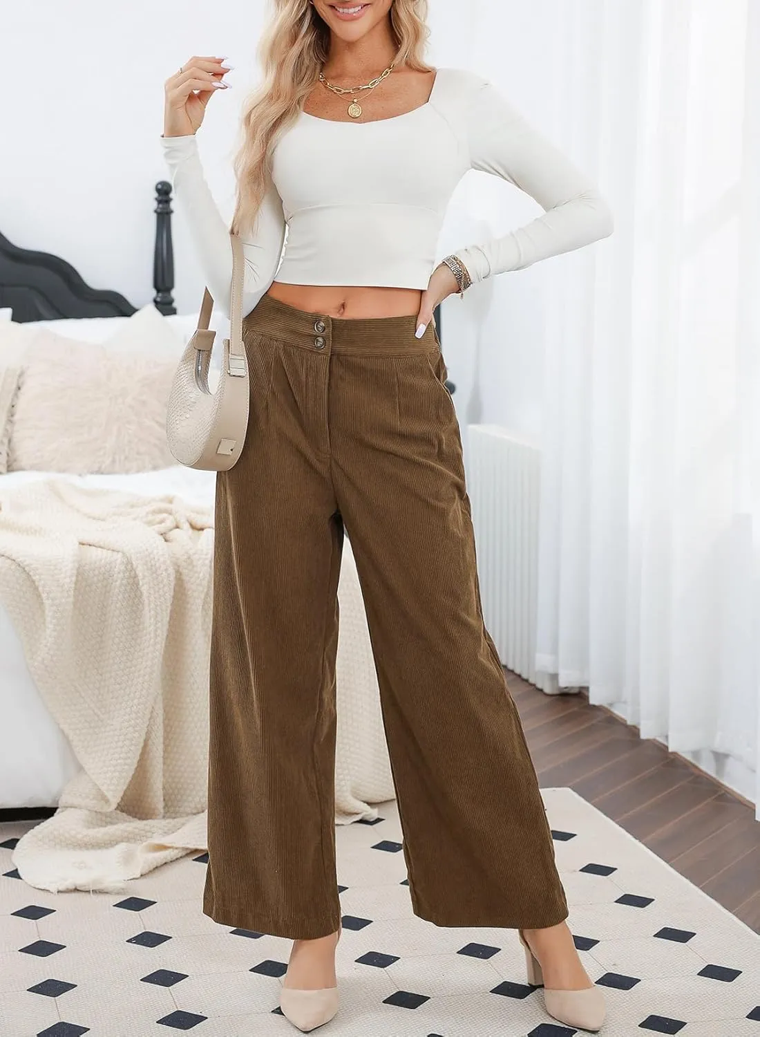 Sidefeel Corduroy Pants for Women 2025 Casual High Waisted Double Buttoned Stretchy Loose Fit Wide Leg Pants with Pockets