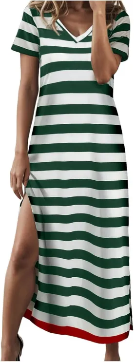 Summer Dress for Women Casual Fashion Short Sleeve V-Neck T Shirt Striped Long Color Block Side Slit Beach Maxi Dress