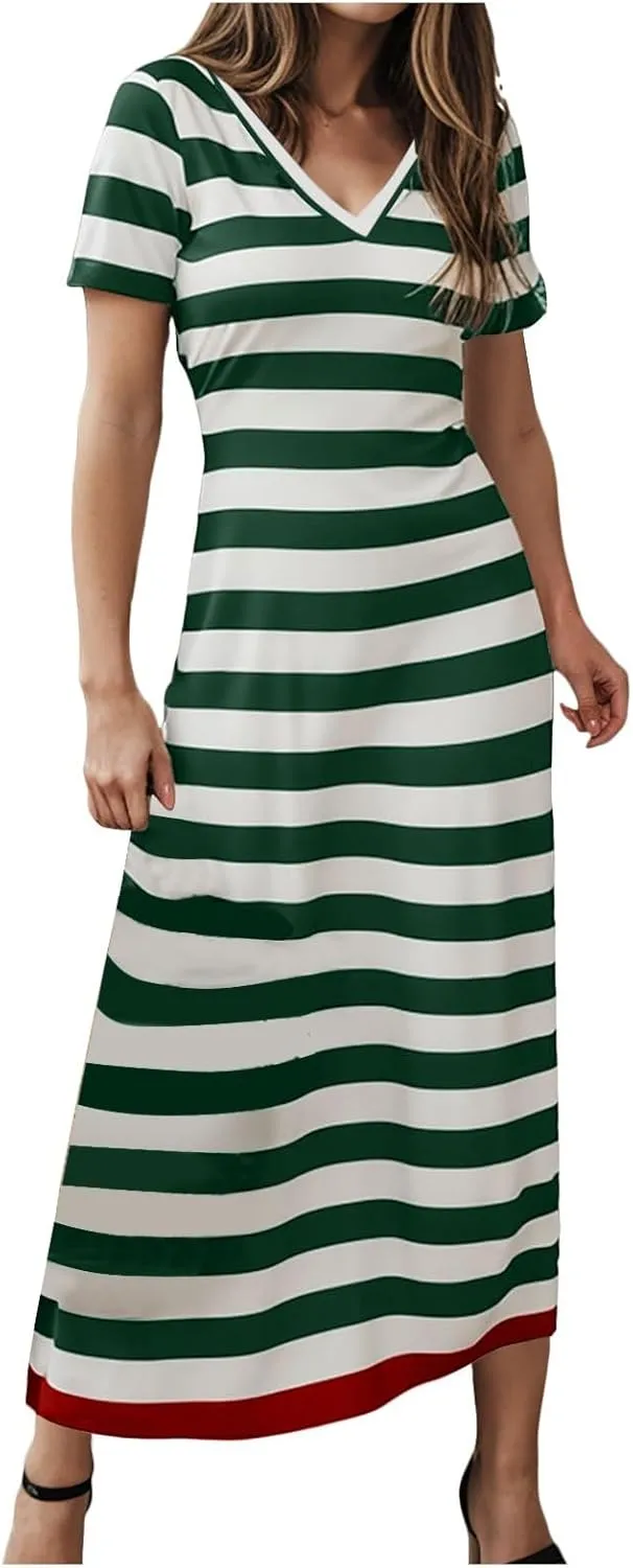 Summer Dress for Women Casual Fashion Short Sleeve V-Neck T Shirt Striped Long Color Block Side Slit Beach Maxi Dress