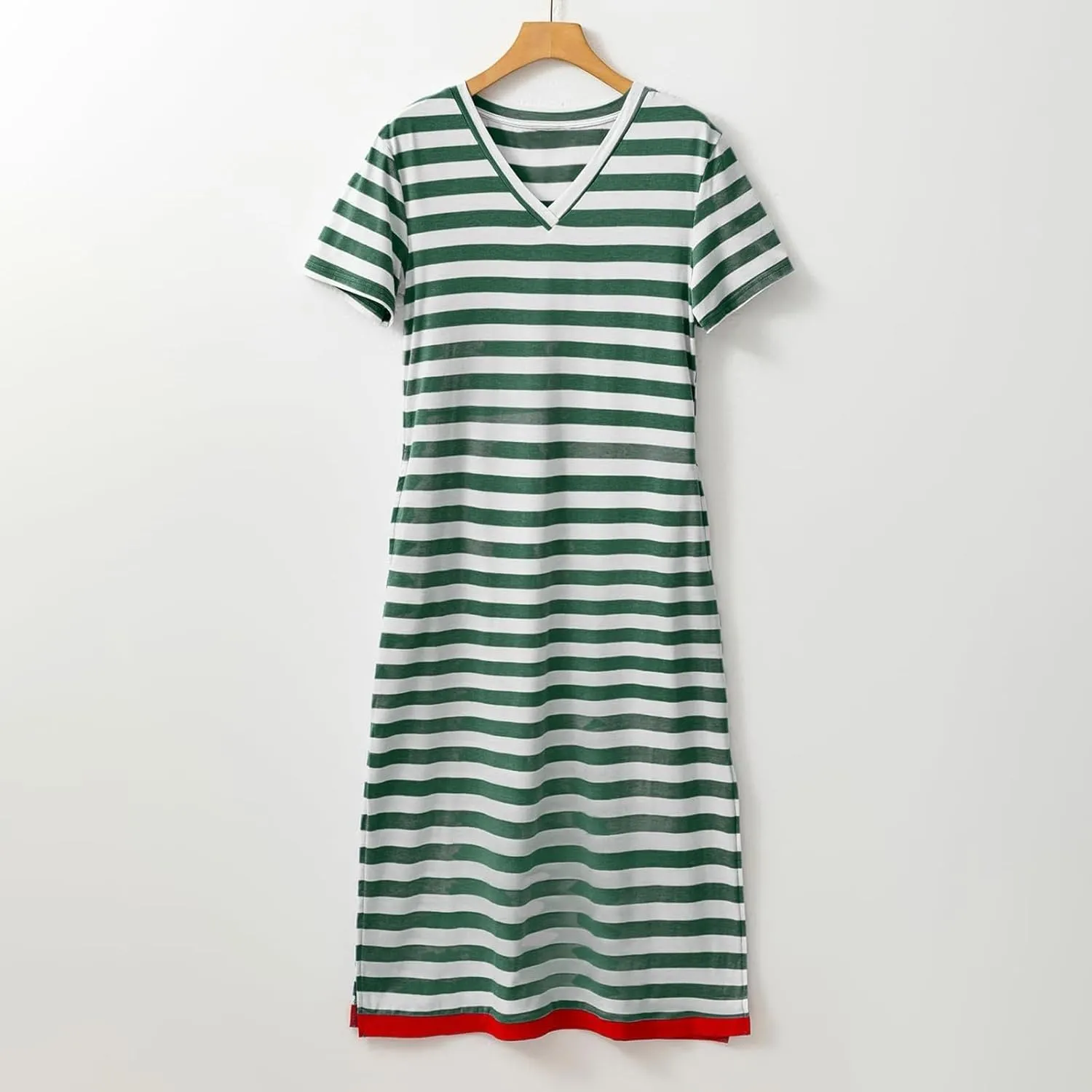 Summer Dress for Women Casual Fashion Short Sleeve V-Neck T Shirt Striped Long Color Block Side Slit Beach Maxi Dress