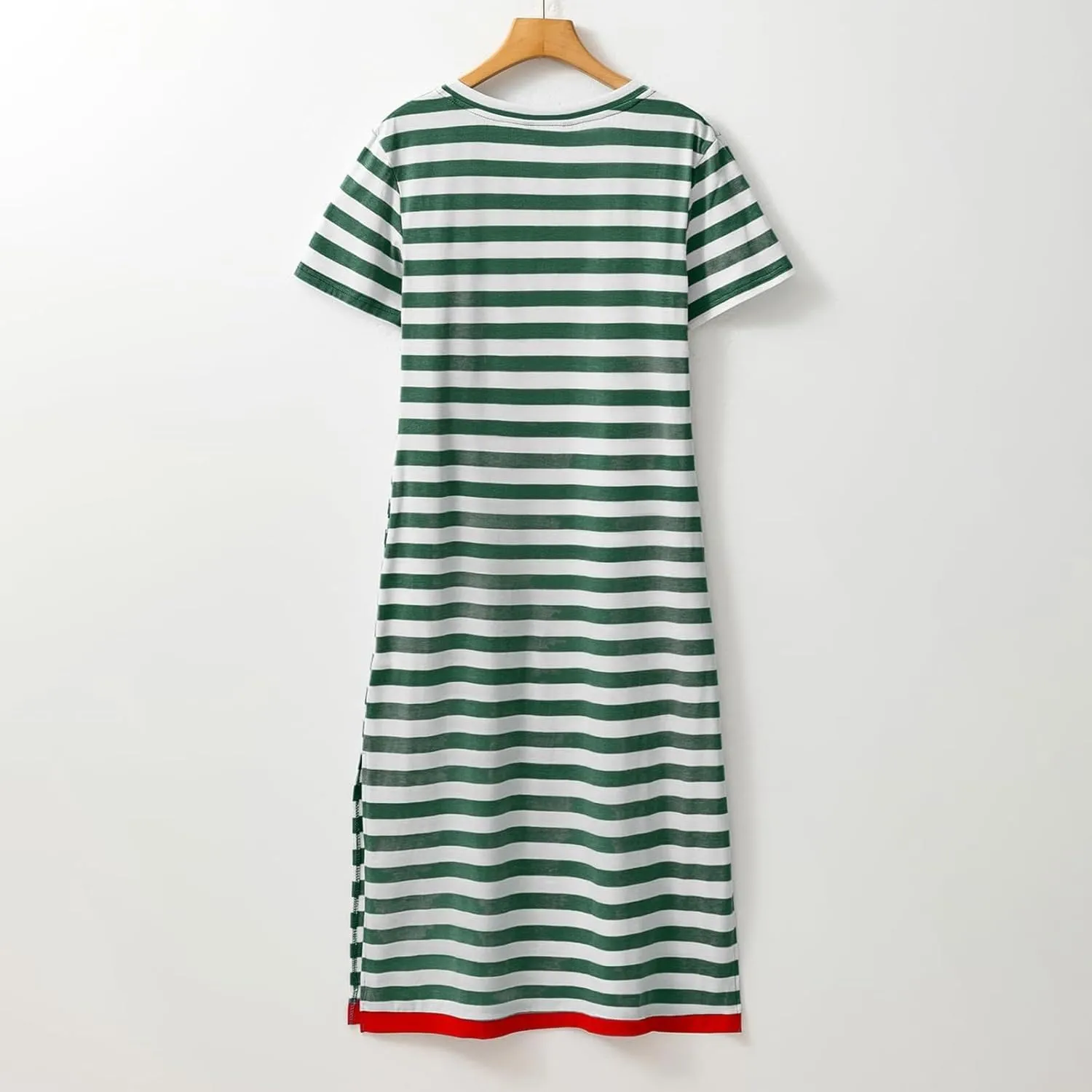 Summer Dress for Women Casual Fashion Short Sleeve V-Neck T Shirt Striped Long Color Block Side Slit Beach Maxi Dress