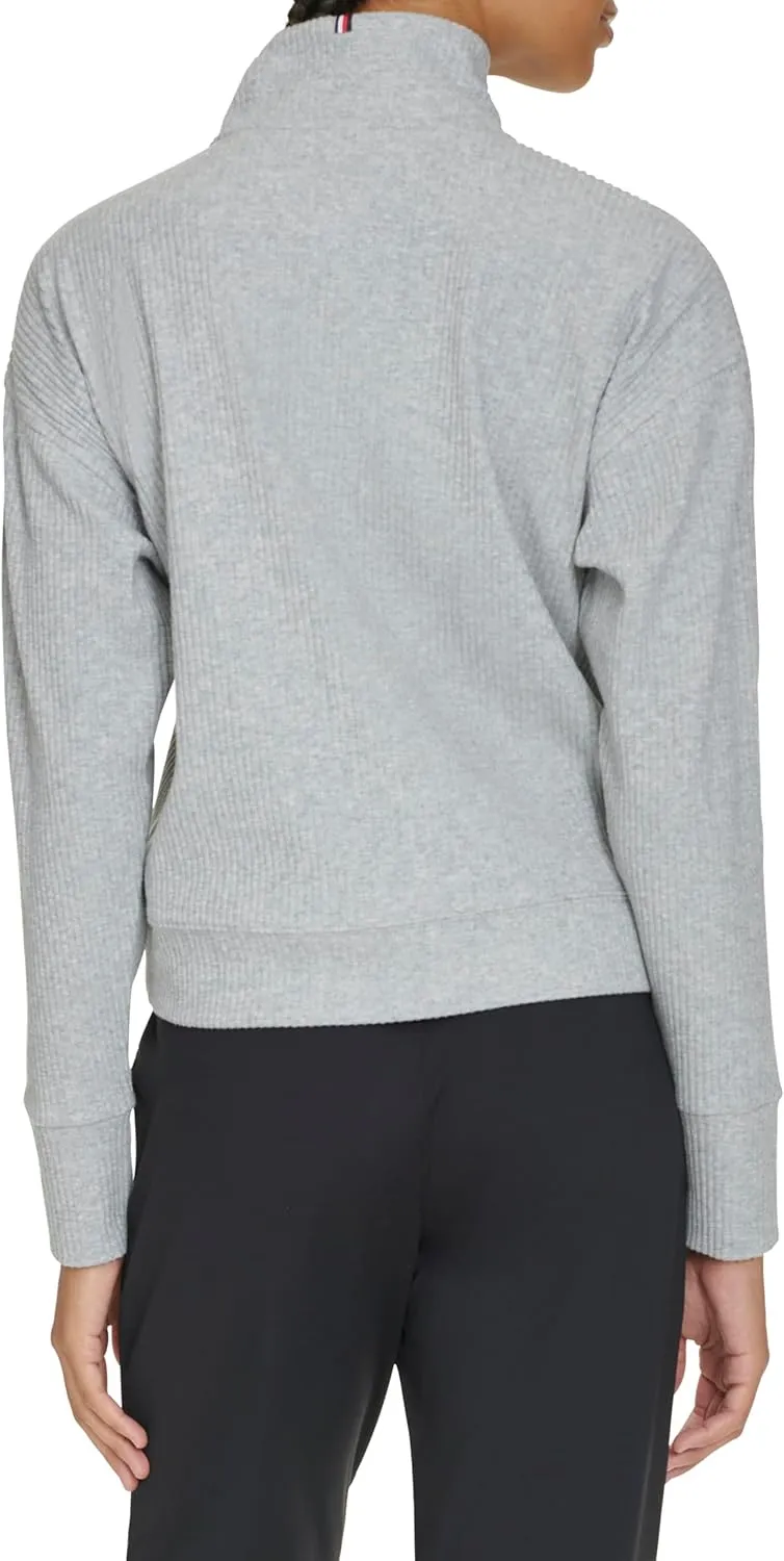 Tommy Hilfiger Women's Thumbhole Cuffs Stand Collar with Half Zip Detail Brushed Rib Mock Neck Pullover