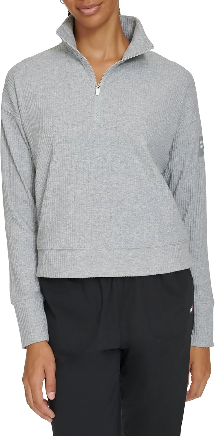 Tommy Hilfiger Women's Thumbhole Cuffs Stand Collar with Half Zip Detail Brushed Rib Mock Neck Pullover