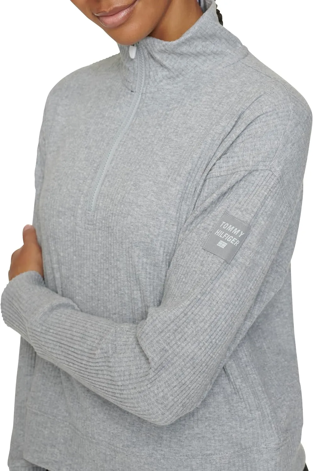 Tommy Hilfiger Women's Thumbhole Cuffs Stand Collar with Half Zip Detail Brushed Rib Mock Neck Pullover