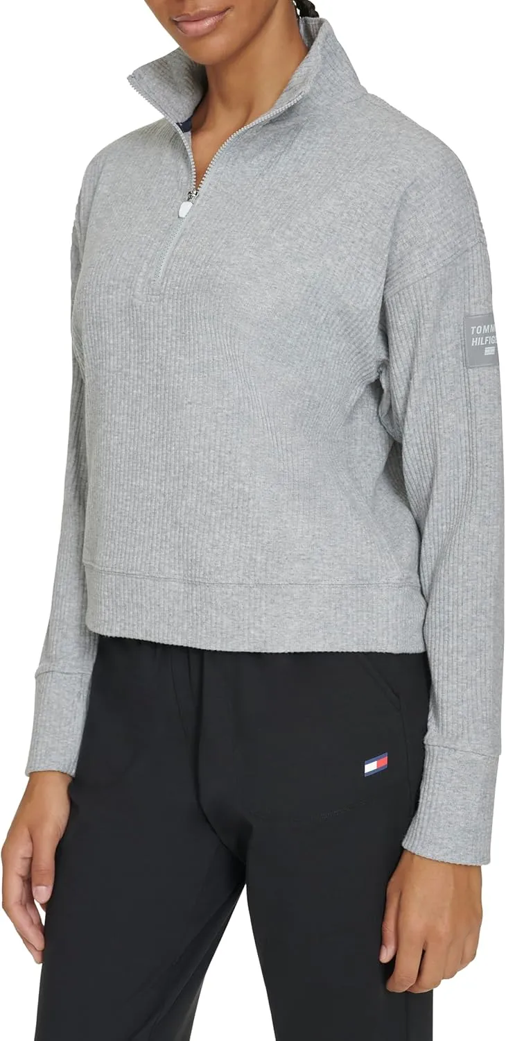 Tommy Hilfiger Women's Thumbhole Cuffs Stand Collar with Half Zip Detail Brushed Rib Mock Neck Pullover