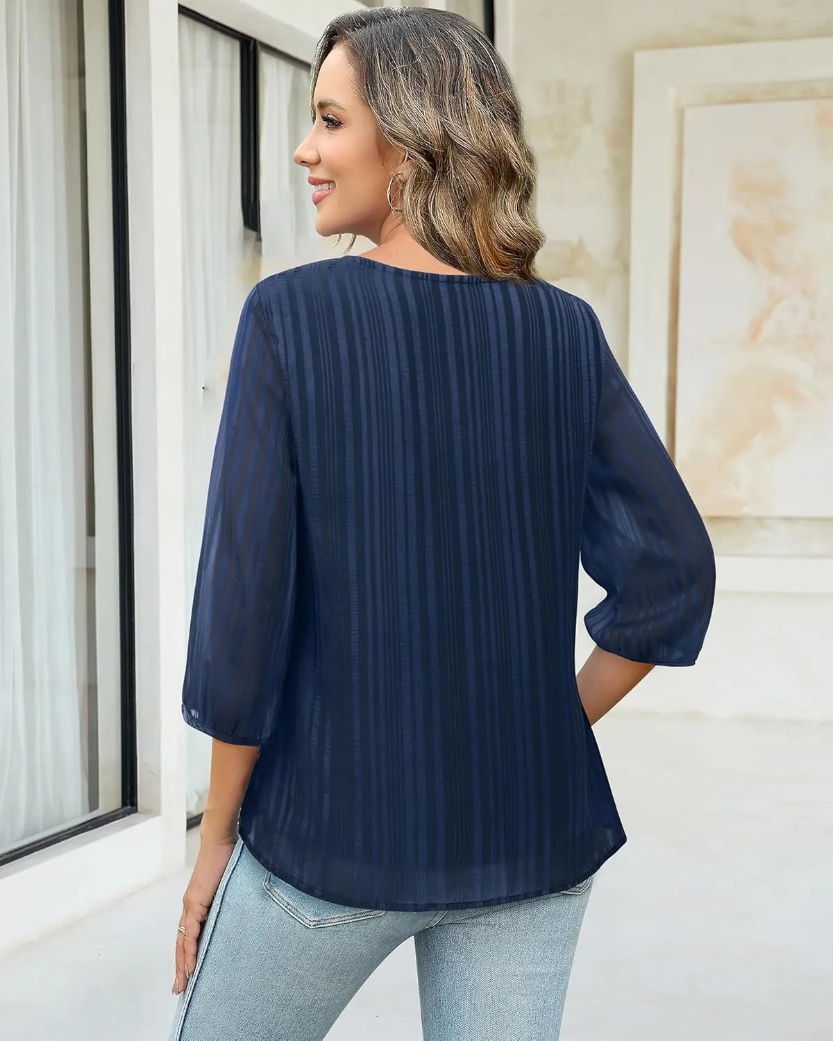 VALOLIA Women's Casual 3/4 Sleeve Chiffon Blouses V Neck Layered Embroidery Tunic Shirts