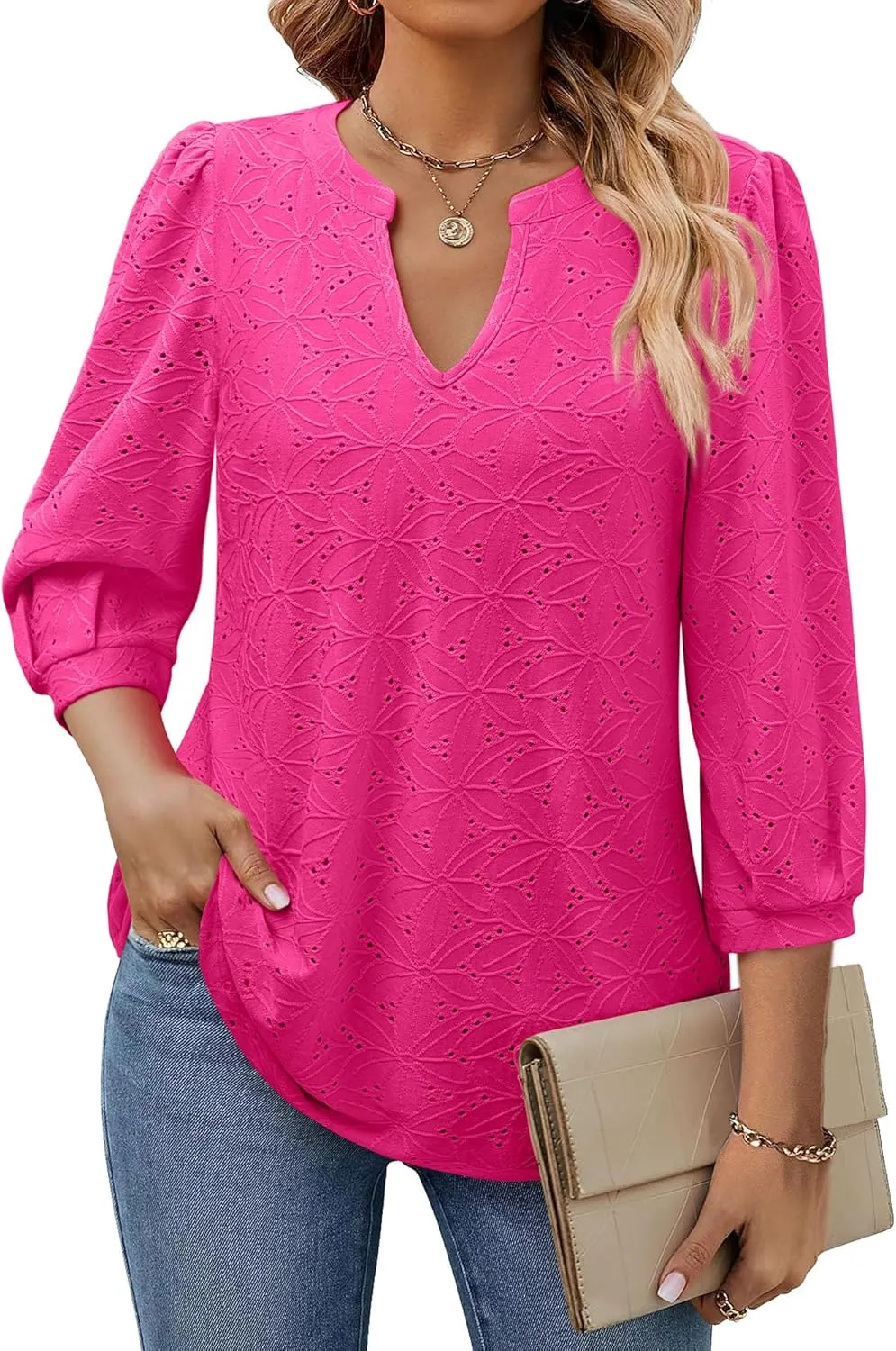 Vivilli Women's 3/4 Puff Sleeve Knit Tops 2024 Trendy V Neck Double Layer Eyelet Shirts Dressy Casual Blouse Tunic Tops