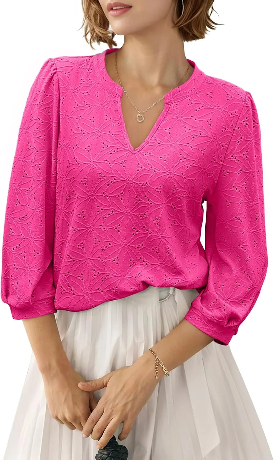 Vivilli Women's 3/4 Puff Sleeve Knit Tops 2024 Trendy V Neck Double Layer Eyelet Shirts Dressy Casual Blouse Tunic Tops