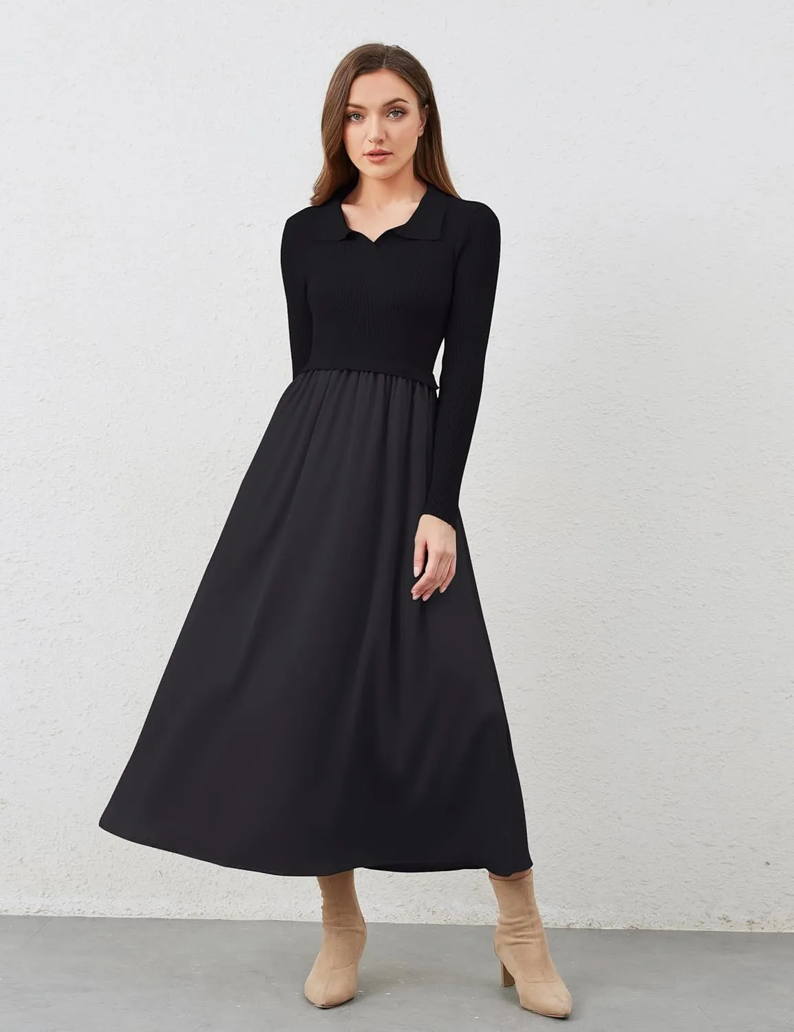 Women Lapel V Neck Sweater Maxi Dress Slim Fit Long Sleeve Ribbed Knit High Waist Patchwork Flowy Long Dresses