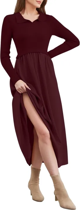 Women Lapel V Neck Sweater Maxi Dress Slim Fit Long Sleeve Ribbed Knit High Waist Patchwork Flowy Long Dresses