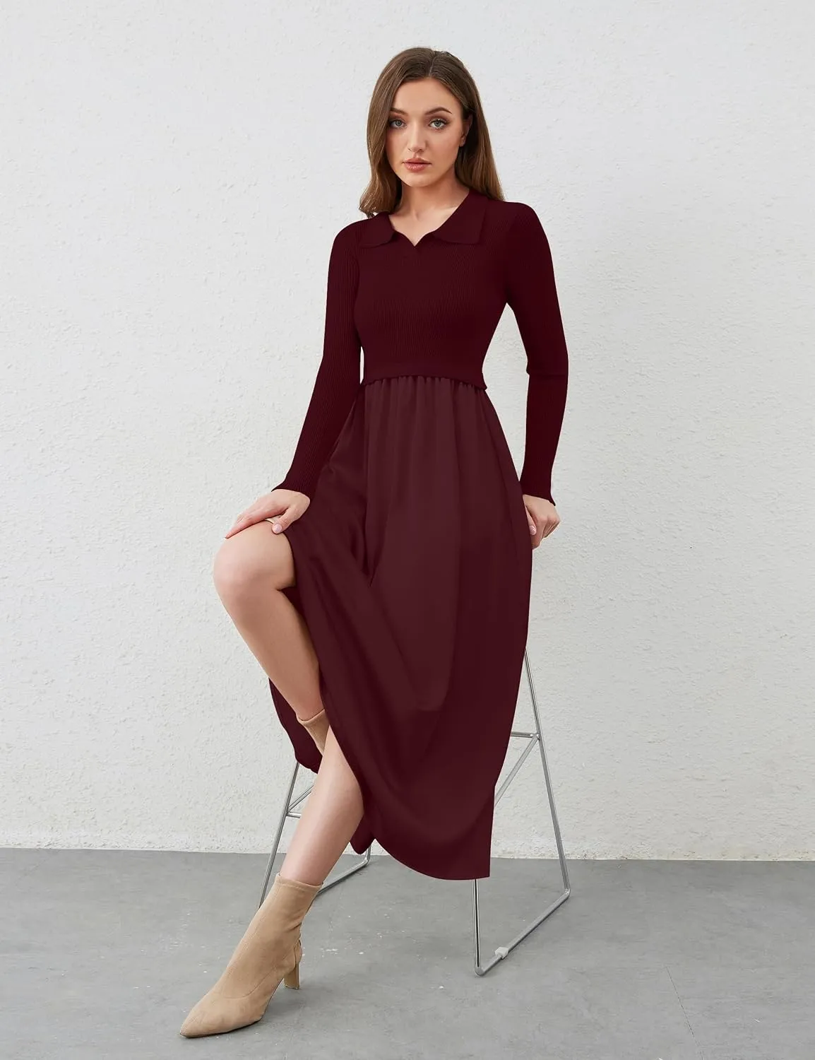 Women Lapel V Neck Sweater Maxi Dress Slim Fit Long Sleeve Ribbed Knit High Waist Patchwork Flowy Long Dresses