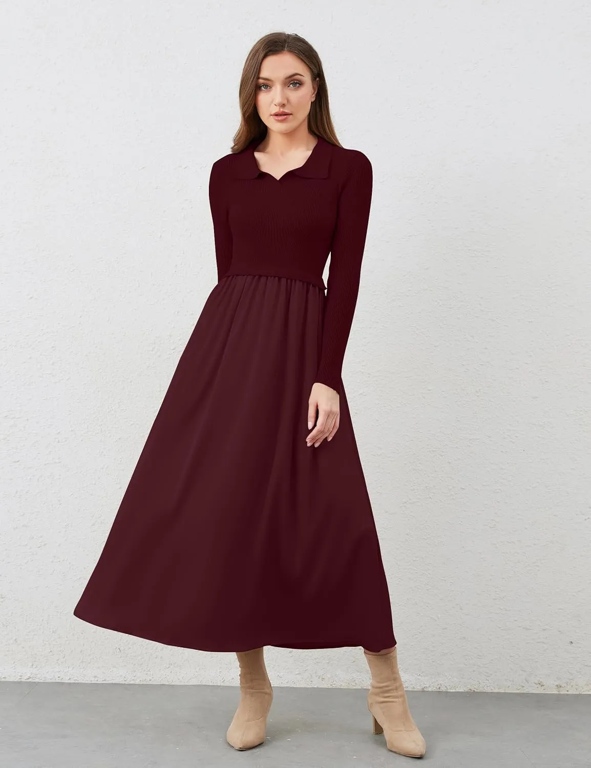 Women Lapel V Neck Sweater Maxi Dress Slim Fit Long Sleeve Ribbed Knit High Waist Patchwork Flowy Long Dresses