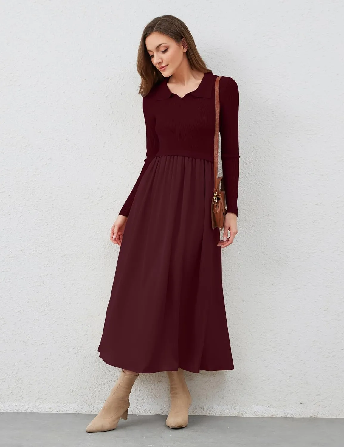 Women Lapel V Neck Sweater Maxi Dress Slim Fit Long Sleeve Ribbed Knit High Waist Patchwork Flowy Long Dresses