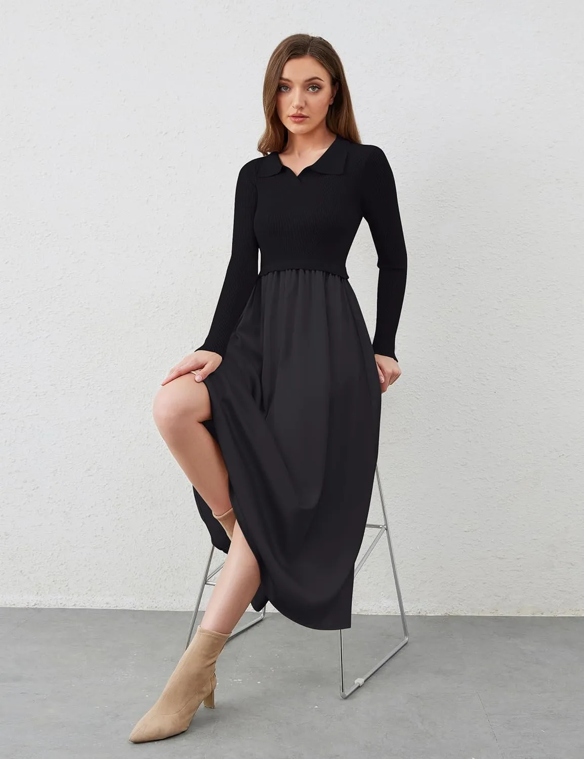 Women Lapel V Neck Sweater Maxi Dress Slim Fit Long Sleeve Ribbed Knit High Waist Patchwork Flowy Long Dresses