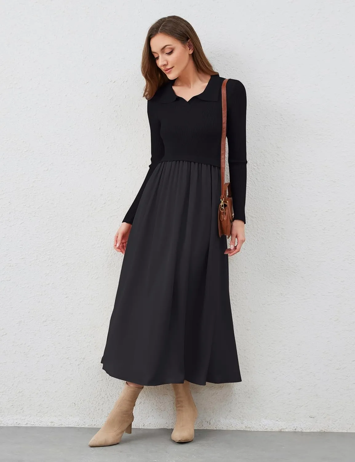 Women Lapel V Neck Sweater Maxi Dress Slim Fit Long Sleeve Ribbed Knit High Waist Patchwork Flowy Long Dresses