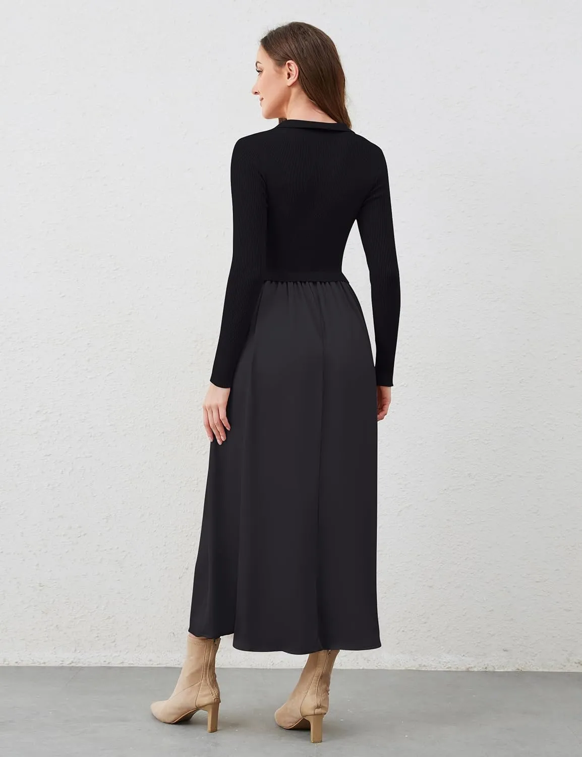 Women Lapel V Neck Sweater Maxi Dress Slim Fit Long Sleeve Ribbed Knit High Waist Patchwork Flowy Long Dresses