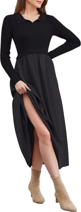 Women Lapel V Neck Sweater Maxi Dress Slim Fit Long Sleeve Ribbed Knit High Waist Patchwork Flowy Long Dresses