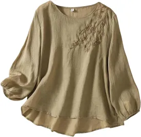 Women's Casual Solid Color Embroidered Cotton and Linen Tops Shirts T Shirts Long Sleeve Blouse Summer Short Sleeve