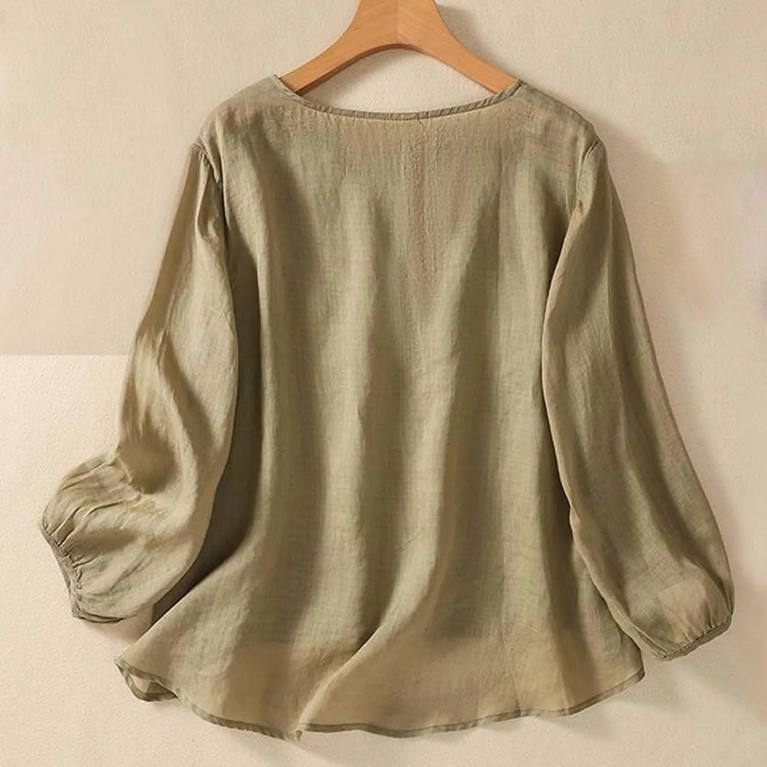 Women's Casual Solid Color Embroidered Cotton and Linen Tops Shirts T Shirts Long Sleeve Blouse Summer Short Sleeve