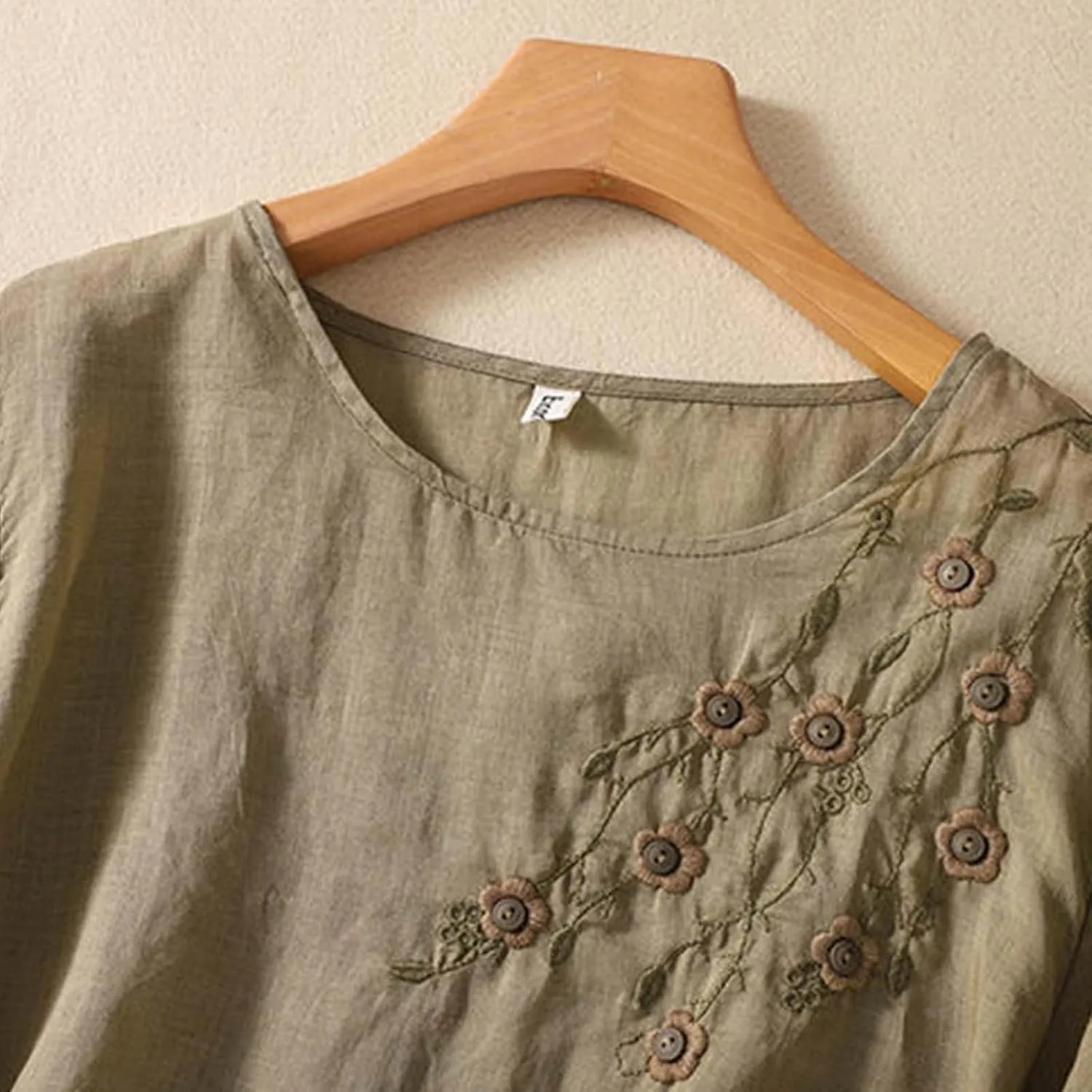 Women's Casual Solid Color Embroidered Cotton and Linen Tops Shirts T Shirts Long Sleeve Blouse Summer Short Sleeve