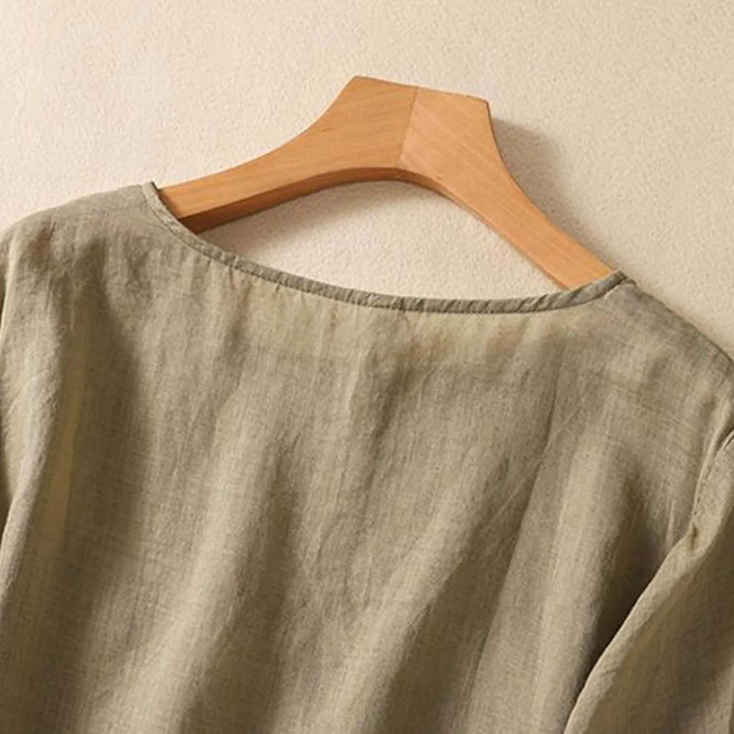 Women's Casual Solid Color Embroidered Cotton and Linen Tops Shirts T Shirts Long Sleeve Blouse Summer Short Sleeve