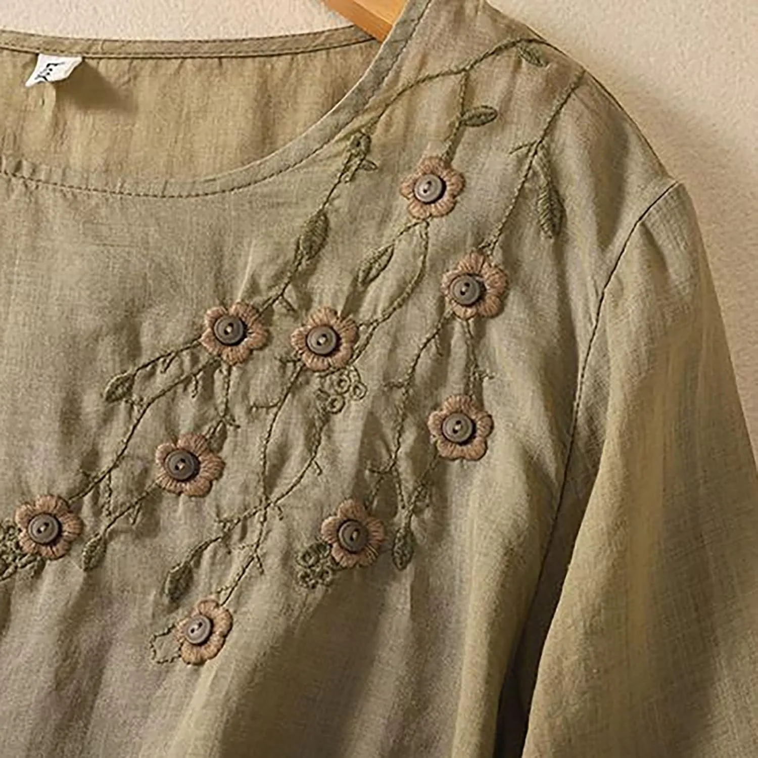 Women's Casual Solid Color Embroidered Cotton and Linen Tops Shirts T Shirts Long Sleeve Blouse Summer Short Sleeve