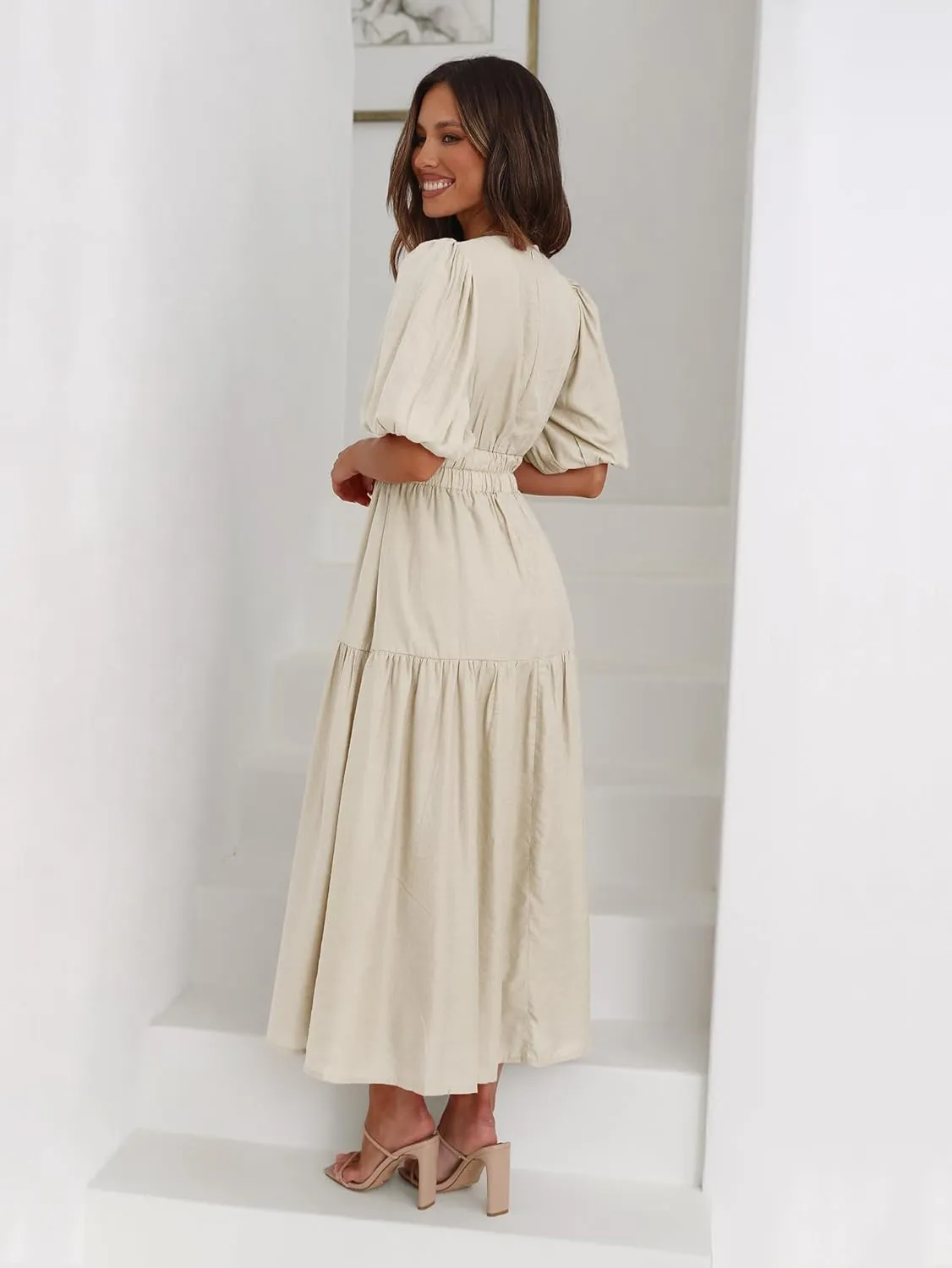 Women's Deep V-Neck Puff Short Sleeve Tiered Maxi Dress Flowy A Line Midi Dresses