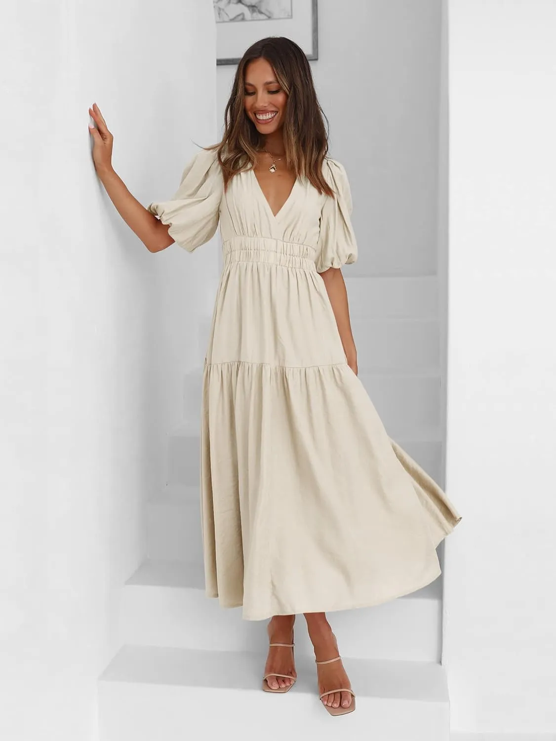 Women's Deep V-Neck Puff Short Sleeve Tiered Maxi Dress Flowy A Line Midi Dresses