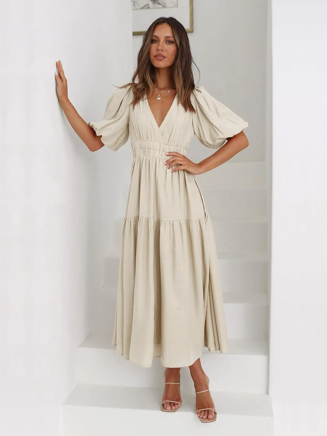 Women's Deep V-Neck Puff Short Sleeve Tiered Maxi Dress Flowy A Line Midi Dresses