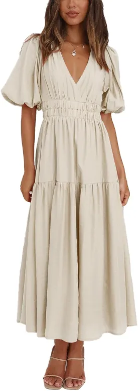 Women's Deep V-Neck Puff Short Sleeve Tiered Maxi Dress Flowy A Line Midi Dresses