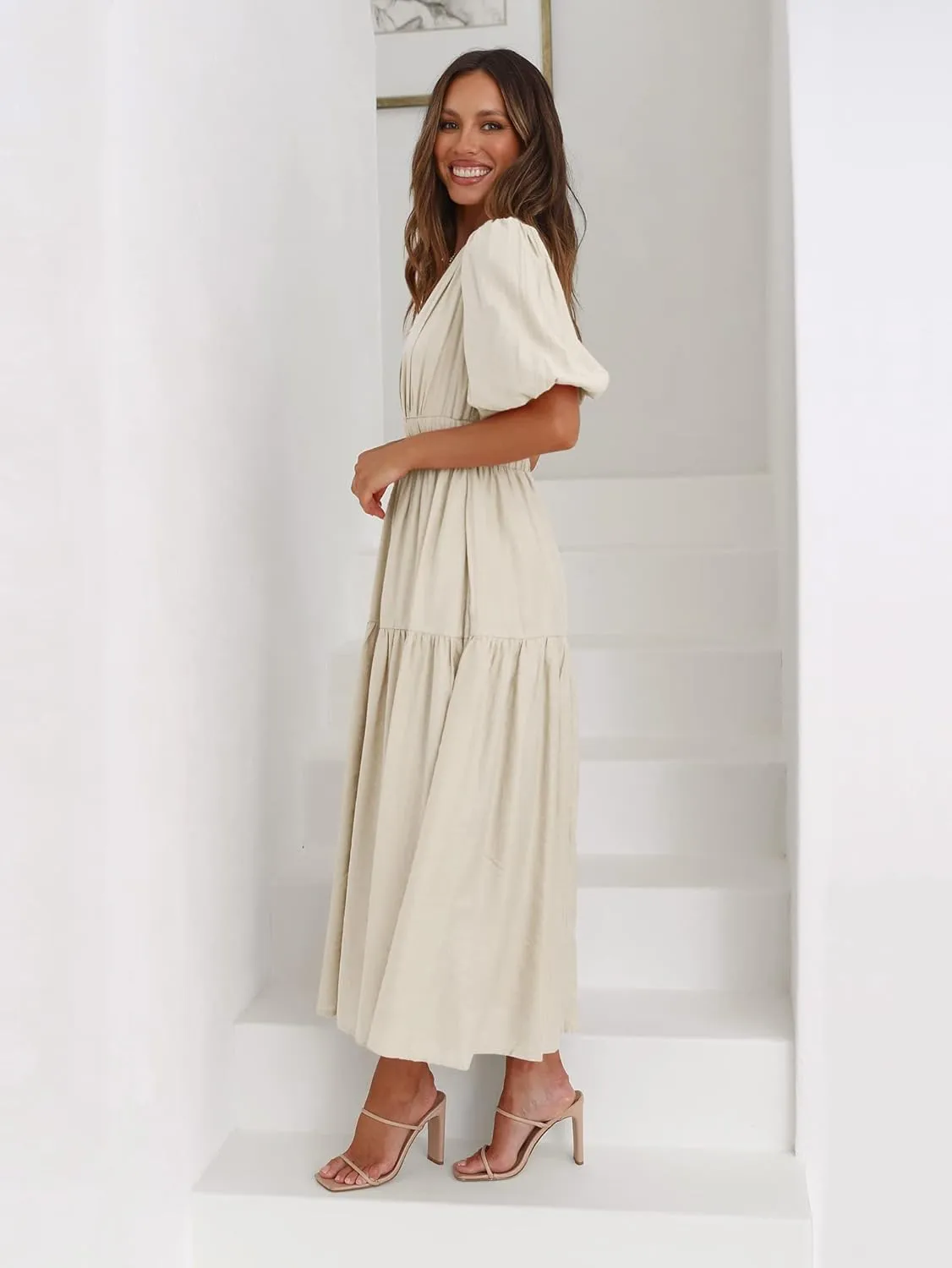 Women's Deep V-Neck Puff Short Sleeve Tiered Maxi Dress Flowy A Line Midi Dresses