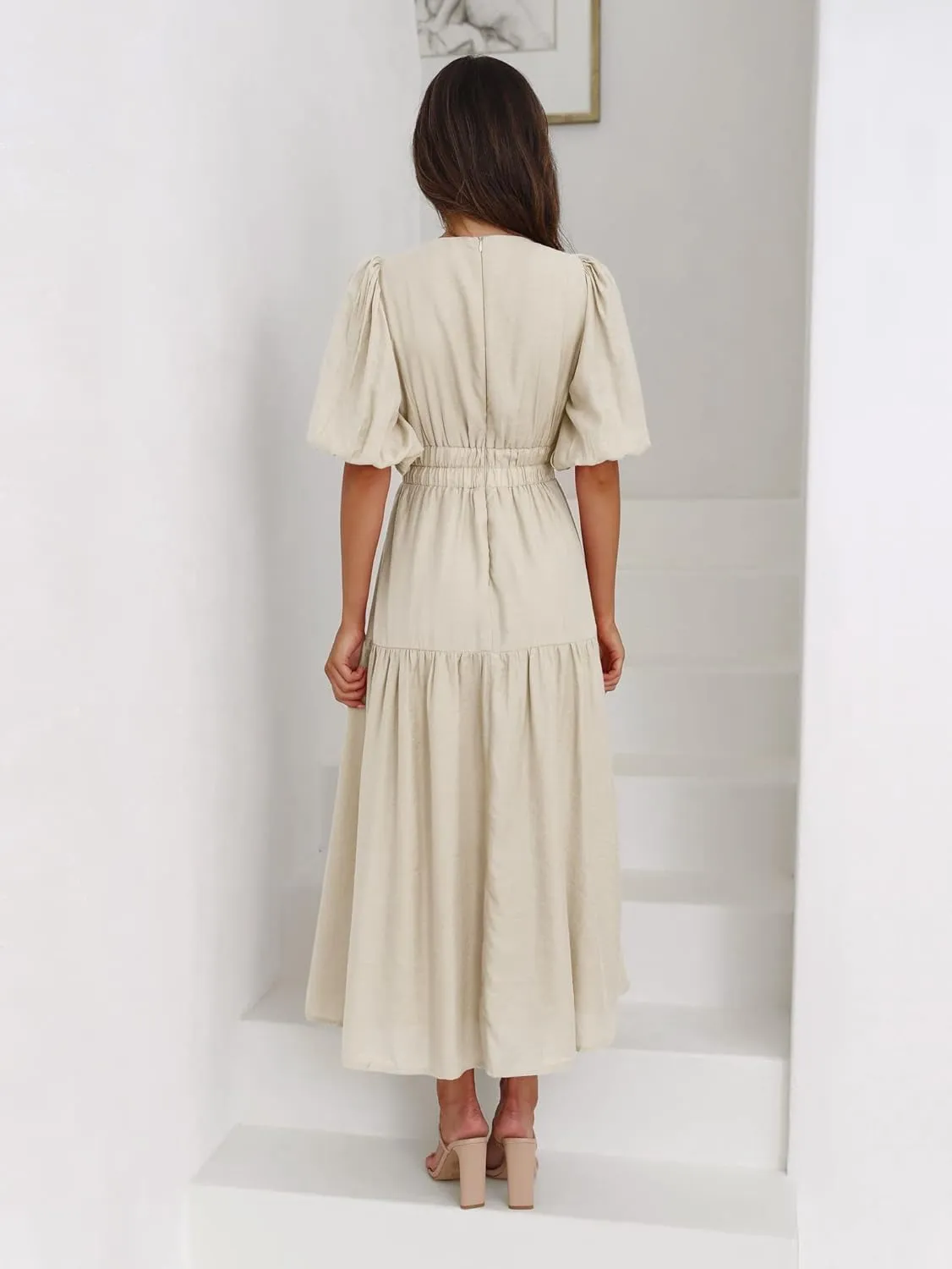 Women's Deep V-Neck Puff Short Sleeve Tiered Maxi Dress Flowy A Line Midi Dresses