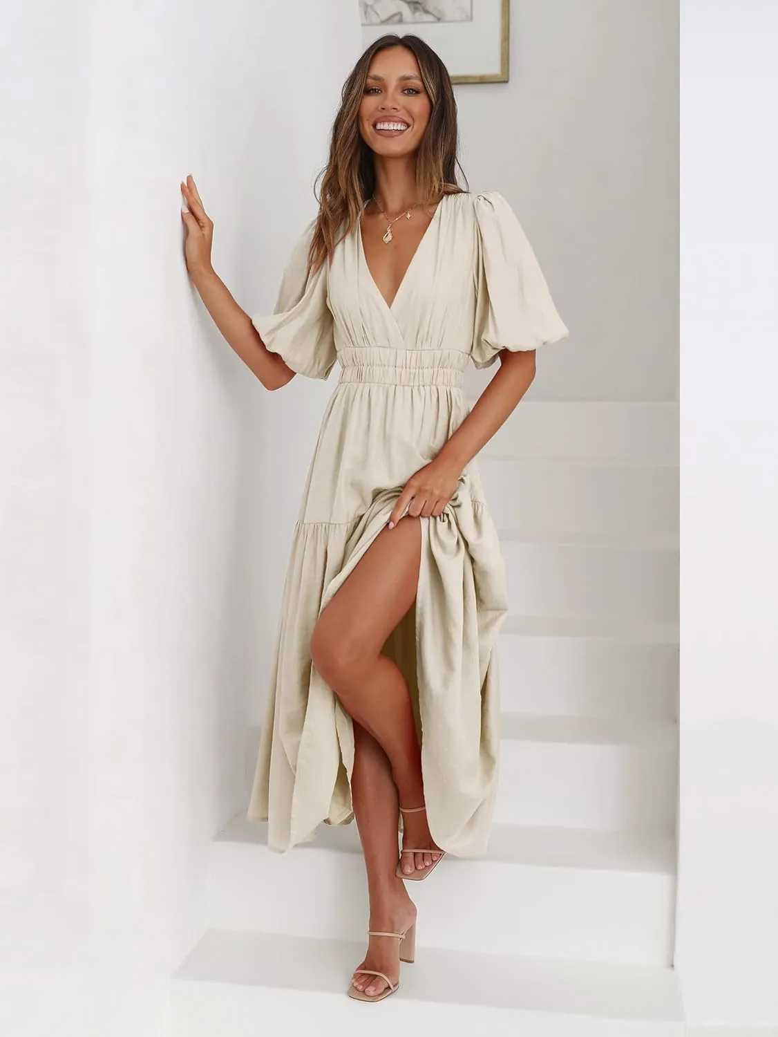 Women's Deep V-Neck Puff Short Sleeve Tiered Maxi Dress Flowy A Line Midi Dresses