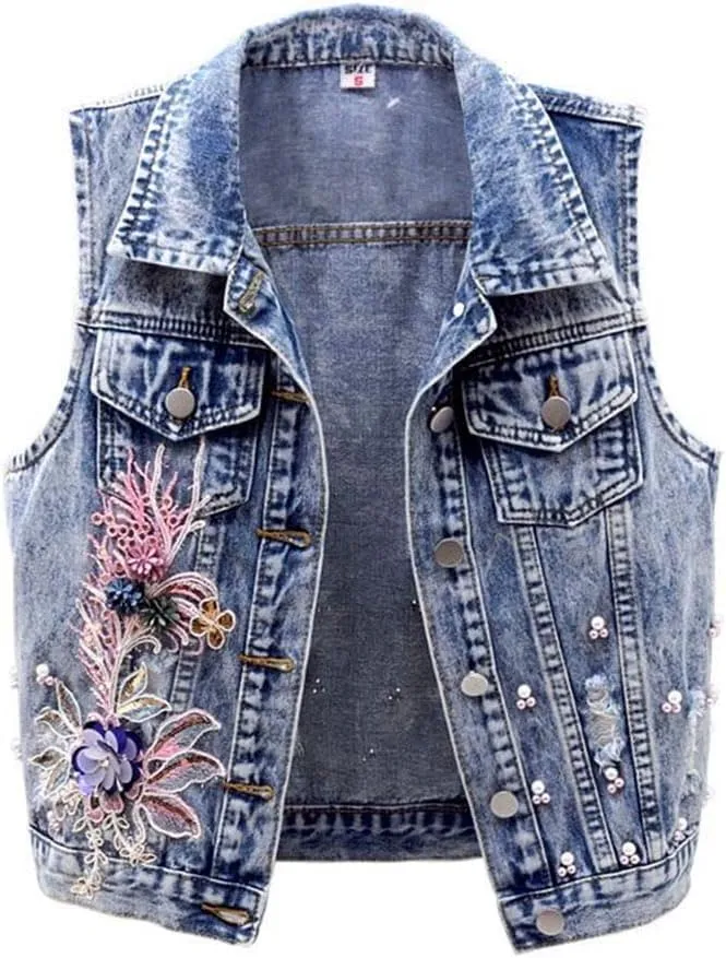 Women's Floral Embroidered Cropped Denim Vest Patch Beaded Sleeveless Jacket Top