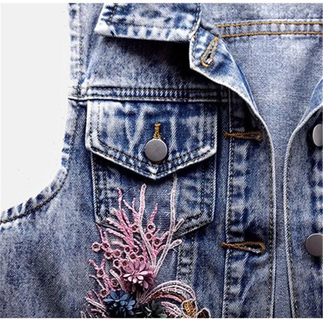 Women's Floral Embroidered Cropped Denim Vest Patch Beaded Sleeveless Jacket Top