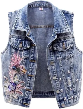 Women's Floral Embroidered Cropped Denim Vest Patch Beaded Sleeveless Jacket Top