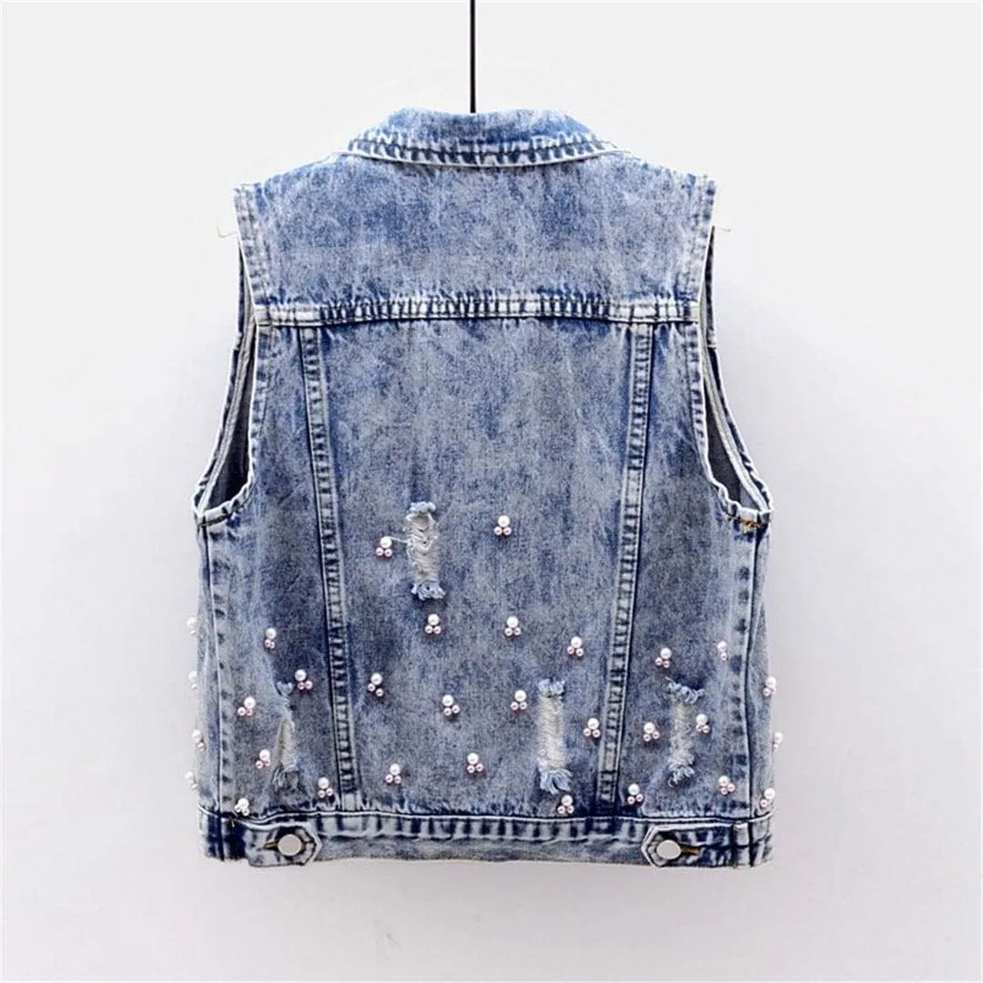 Women's Floral Embroidered Cropped Denim Vest Patch Beaded Sleeveless Jacket Top