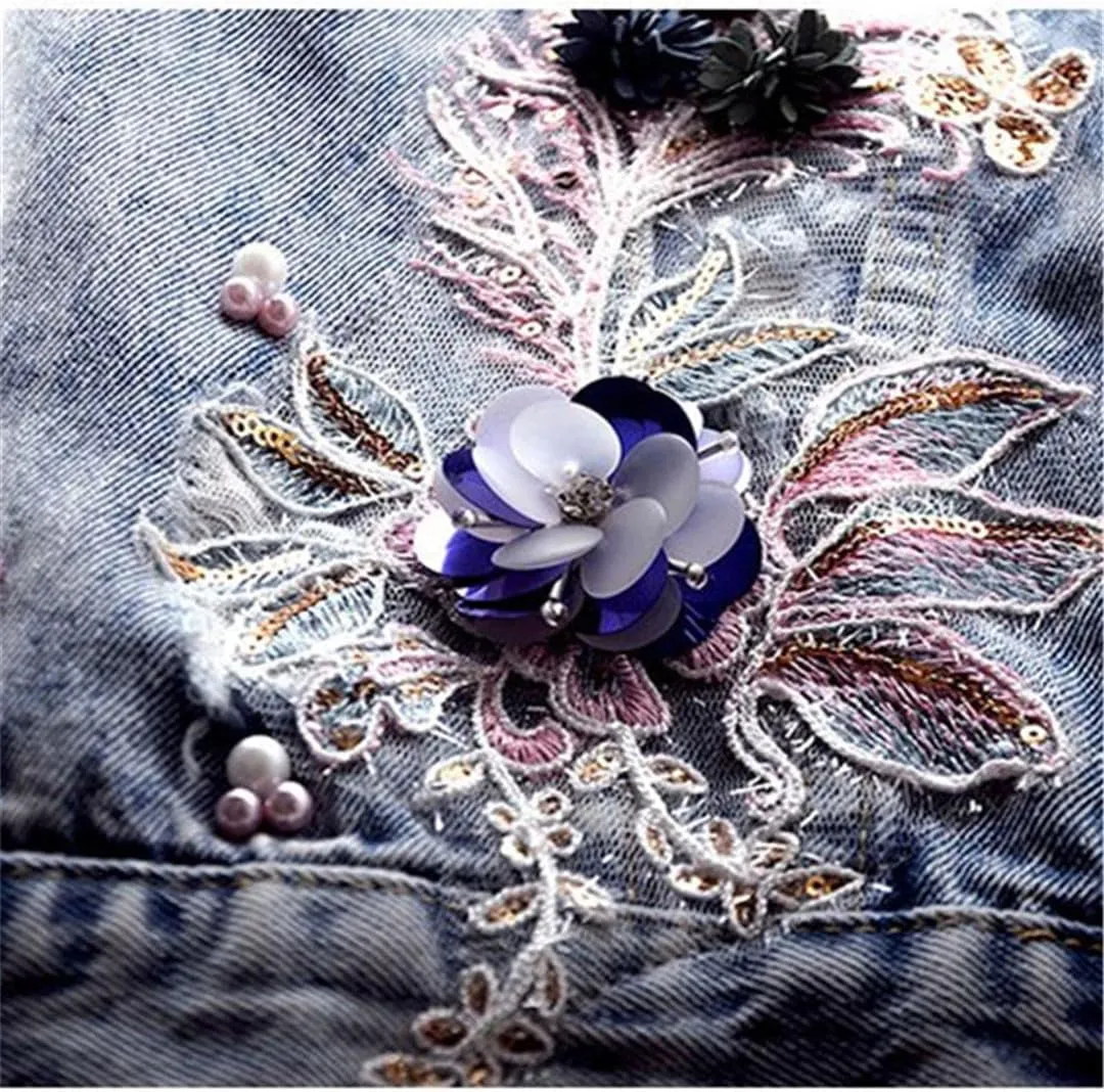 Women's Floral Embroidered Cropped Denim Vest Patch Beaded Sleeveless Jacket Top